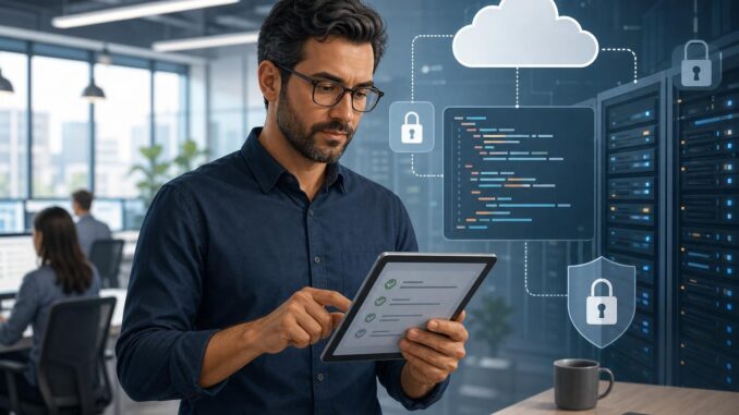 Engineering manager reviewing AI code security checklist on tablet with cloud and lock icons