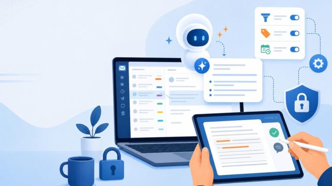 Editorial illustration of an AI-assisted email triage workspace with labels, draft review, and privacy icons