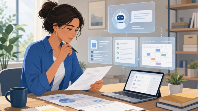 Small-business owner reviewing regulatory documents with a digital assistant displaying structured action items