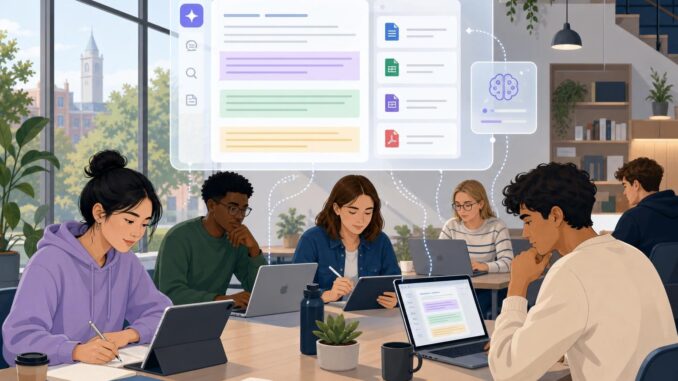 People using laptops and a stylized AI notebook interface floating above showing notes and file icons