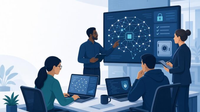 Team auditing an AI tool with screens showing locks and network lines