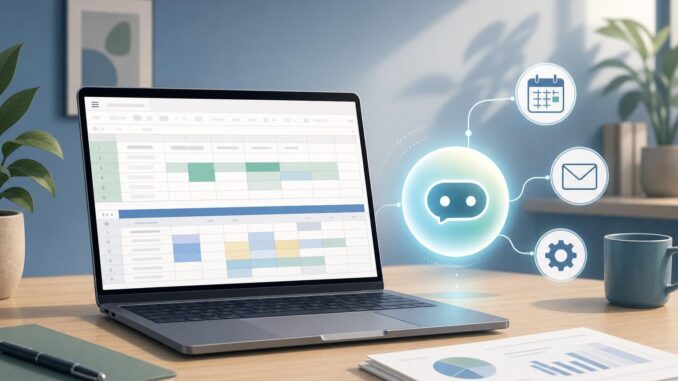 Editorial illustration of laptop with spreadsheet, AI assistant orb, and automation icons (calendar, email, gear).
