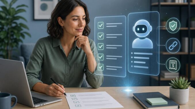 Small business owner reviewing a digital checklist and AI agent interface on a laptop