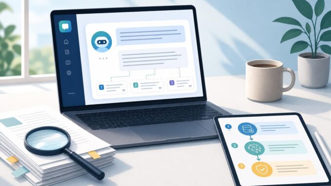 Editorial illustration of a laptop and flowchart showing retrieval, generation, and verification for an AI research assistant