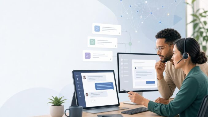 Editorial illustration of a support agent and a chat interface with AI knowledge cards in the background