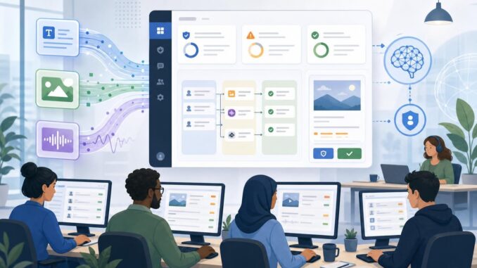 Illustration of a moderation team and AI pipeline flowing into a dashboard