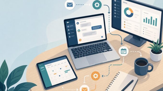 Editorial illustration of a laptop, CRM dashboard, and automation flow representing AI sales outreach