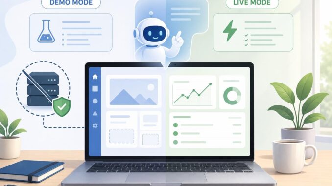 Editorial illustration of a laptop demoing an app with an AI assistant, showing demo and live modes side-by-side