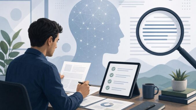 Illustration of auditing AI vendor documents with checklist and magnifying glass