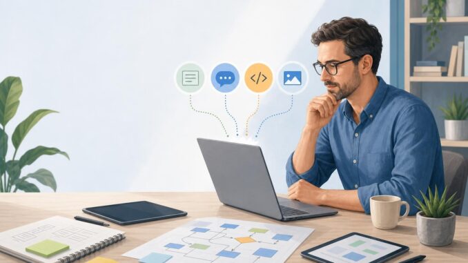 Small-business owner at desk using devices with icons for text, chat, code, and images forming a decision flow.