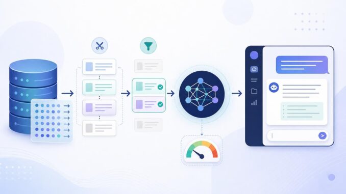 Abstract editorial illustration of vector store, embedding model, and user app for RAG pipeline