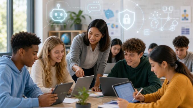 Editorial illustration of diverse teens and a teacher using AI tools in a classroom