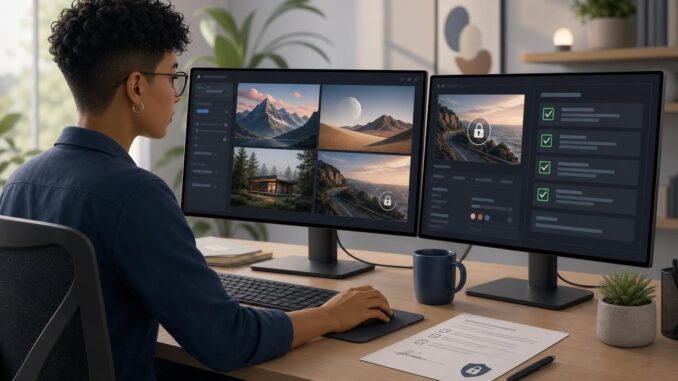 Editorial illustration of a creative professional at a workstation reviewing AI images with metadata, watermark, and consent form visible.