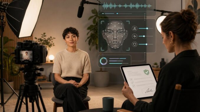 Person in a small studio with camera and AI interface overlay, producer reviewing consent on a tablet