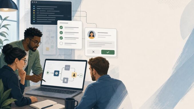 Editorial illustration of a small team reviewing an AI agent workflow with logs and approval UI