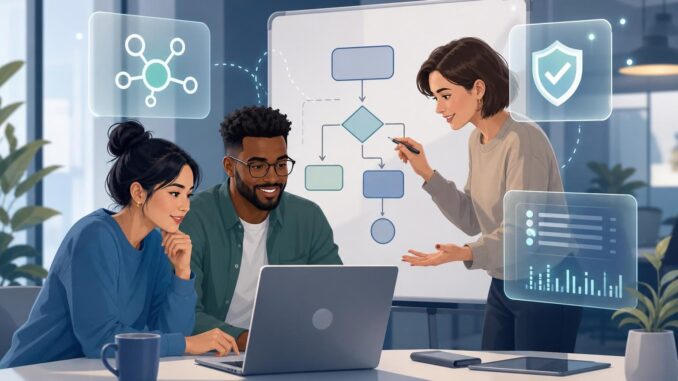 Editorial illustration of a small team designing a safe AI agent around a laptop and whiteboard
