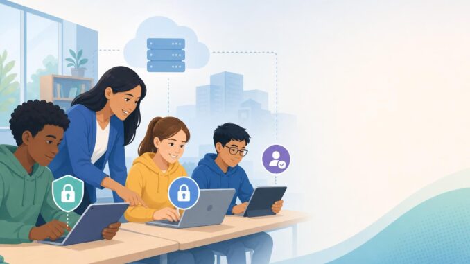 Teacher and students using tablets with privacy shield icons and a cloud silhouette in the background