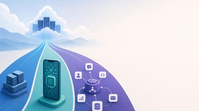 Illustration showing cloud servers, a smartphone with a chip, and an orchestrator node representing cloud, on-device, and managed agent AI options