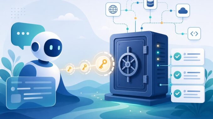 Illustration of an AI assistant issuing short‑lived tokens to a secure vault with audit logs