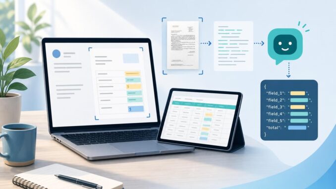 Editorial illustration of laptop extracting invoice data into a spreadsheet with AI assistance