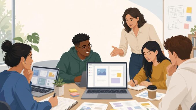Students collaborating around a laptop displaying an AI notebook interface with PDFs and slides