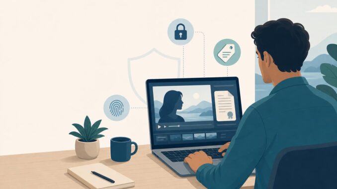 Illustration of a creator at a laptop with a stylized face preview, a legal document, and icons for metadata and watermarking