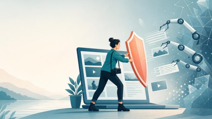 Illustration of a creator shielding digital content from abstract AI scraping shapes