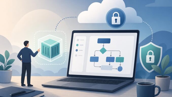 Editorial illustration of a workspace showing a secure sandbox concept with laptop, container icon, and lock