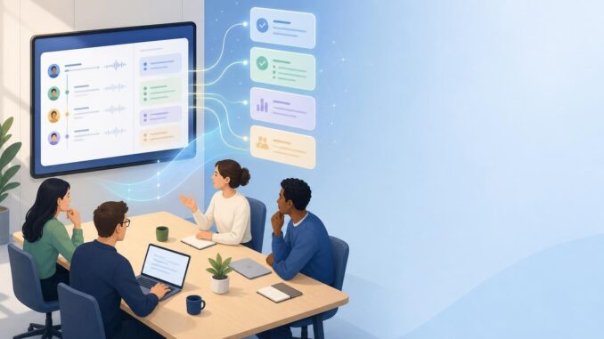 Team around a table with a laptop and a screen showing an AI-generated meeting summary
