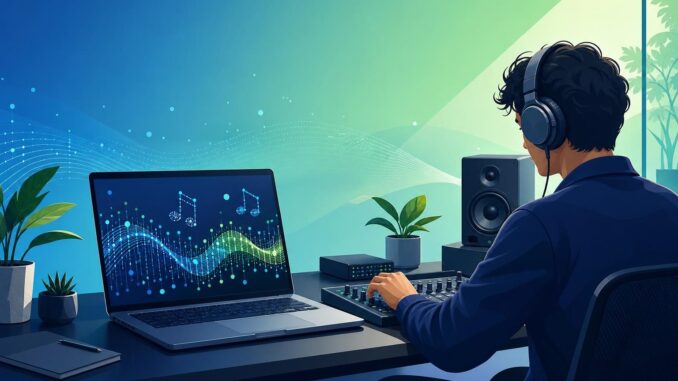 Illustration of a music producer using AI-assisted tools in a modern studio, showing waveform and data nodes on a laptop