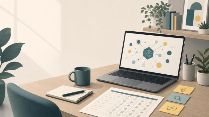 Editorial illustration of a workspace with laptop, rubric sheet, and sticky notes representing AI content tool evaluation