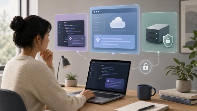 Person at desk with floating panels representing IDE plugin, web copilot, and local model wrapper