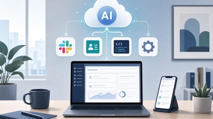 Editorial illustration of plugins and data flows between business tools and a cloud AI