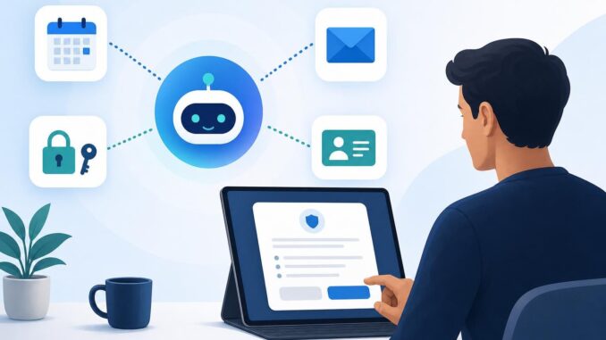 Editorial illustration of an AI assistant connected to calendar, email, password manager, and CRM icons with a person reviewing a consent dialog