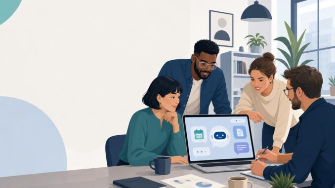 Small business team using an AI copilot on a laptop in an office