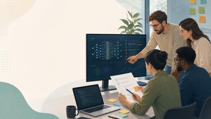 Team reviewing an AI red team checklist on screens and paper in a modern workspace