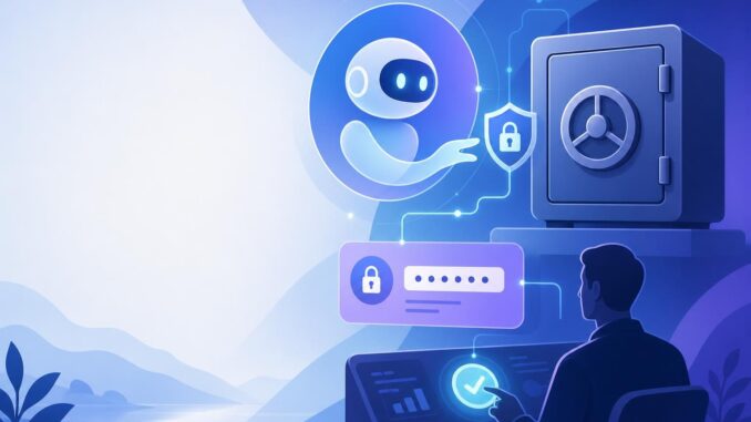 Illustration of an AI assistant linking securely to a password vault with a person approving the connection