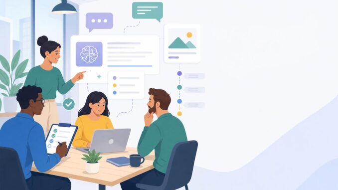 Small team at a desk reviewing AI-generated content with checklists and an audit trail visual