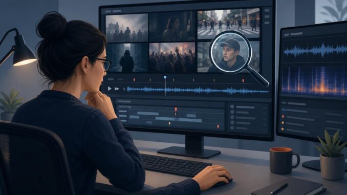 Illustration of a moderator analyzing suspected deepfake audio and video on multiple screens