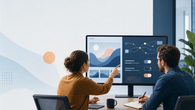 Two people reviewing AI-generated content on a stylized monitor in a modern office