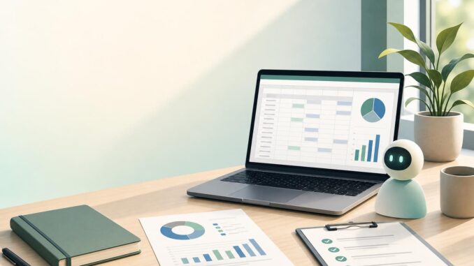 Editorial illustration of laptop with spreadsheet and abstract AI icon on desk