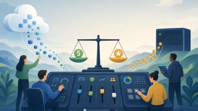 Editorial illustration of people adjusting cost-control levers for AI models, showing cloud, tokens, and dashboard elements