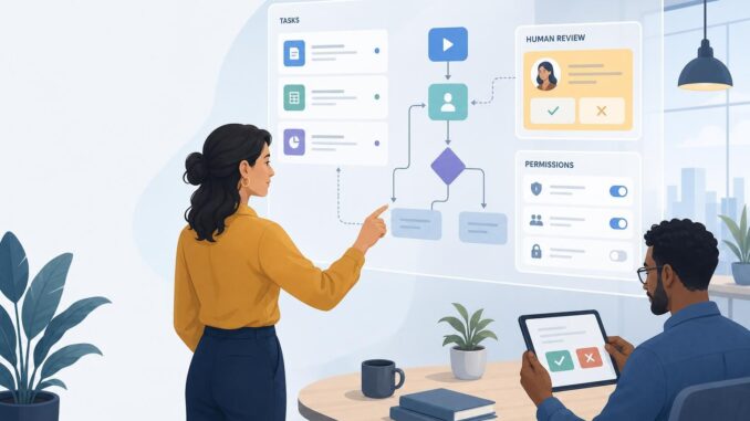 Person using a no-code agent builder with flowcharts and human-review controls on a screen