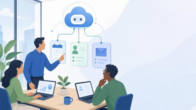 Illustration of a small team using cloud-based AI agents connecting calendar, CRM, and email