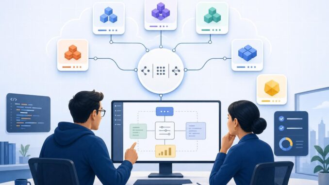 Editorial illustration showing interchangeable LLM provider modules connected to a central hub with developers reviewing architecture