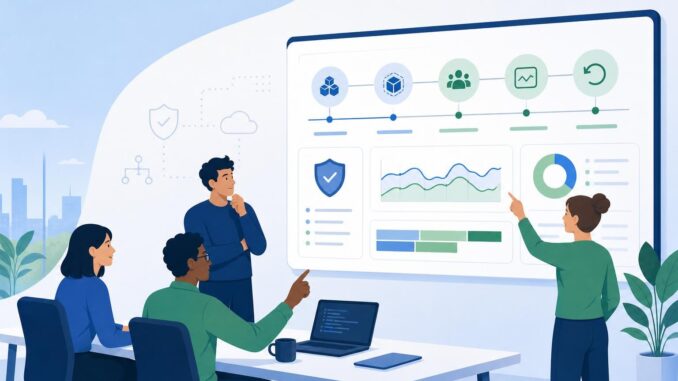 Illustration of a small team reviewing a model update dashboard with canary, monitoring, and rollback indicators