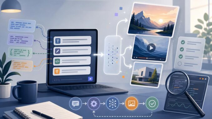 Editorial illustration of a laptop sending text prompts into image and video frames with arrows and checklist icons