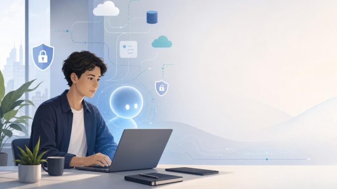 Product manager with laptop and abstract AI assistant icon, clouds and shield symbols representing secure AI integration