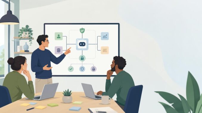 Small team planning a safe AI agent pilot with flowchart and safeguards