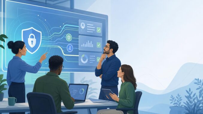Team reviewing an AI data audit dashboard on a large screen